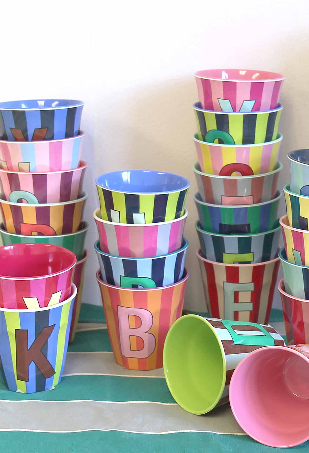 colourful melamine alphabet stripy cups