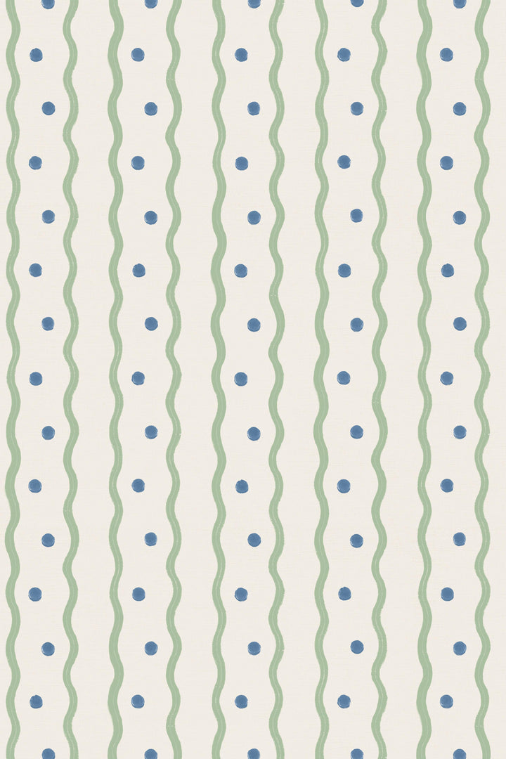 honefleur wavy stripe and spot wallpaper in peapod green and blue by domestic science home