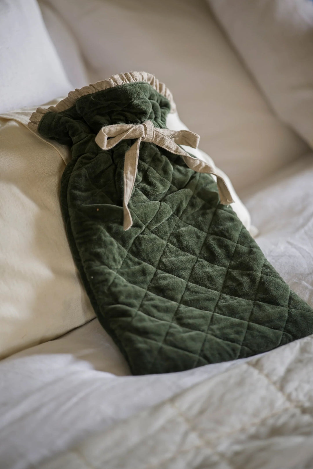 Indian Cotton Velvet & Linen Hot Water Bottle Moss