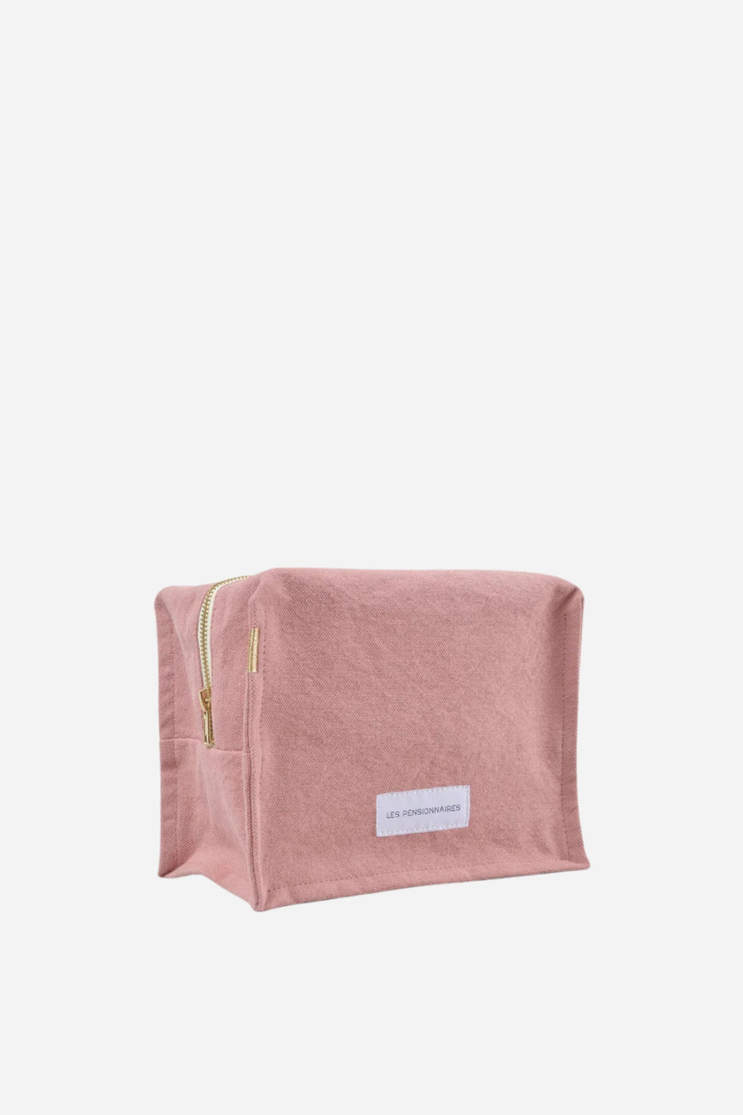 Pink pouch with a visible brand label on a white background