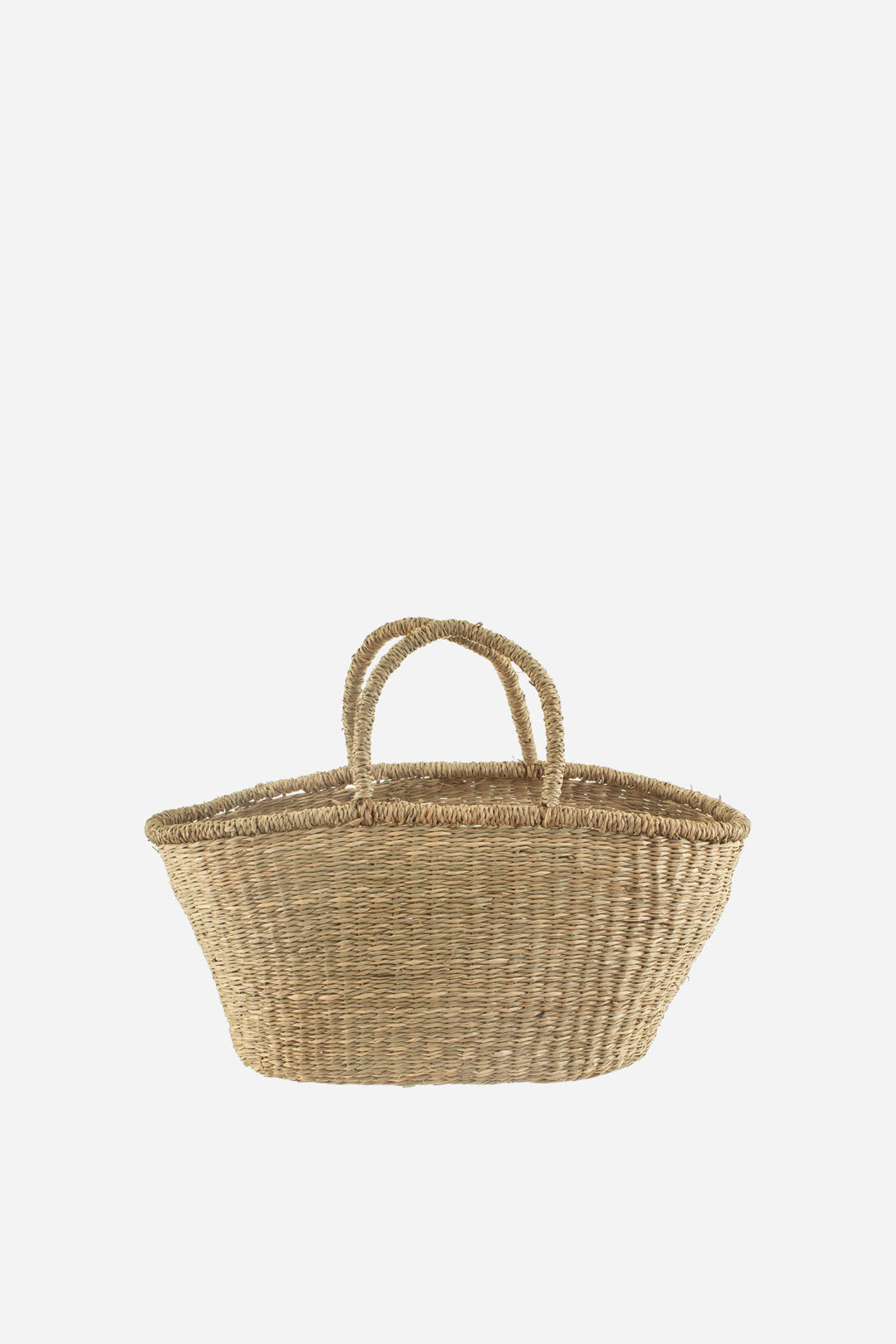 Woven basket with handles on a white background