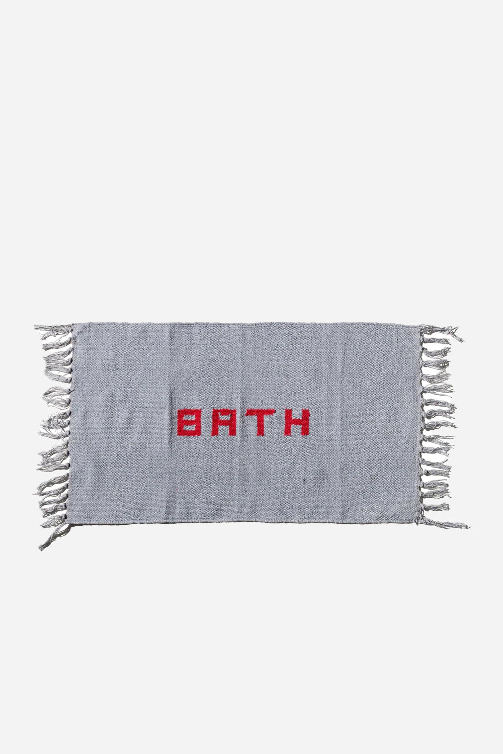 Puebco grey bath mat with woven word bath in red