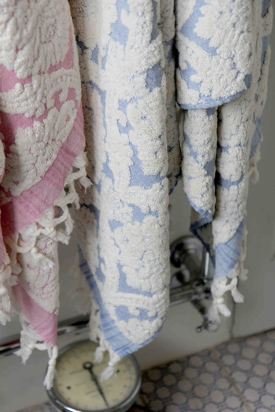 close up detail of blue damask bath towel