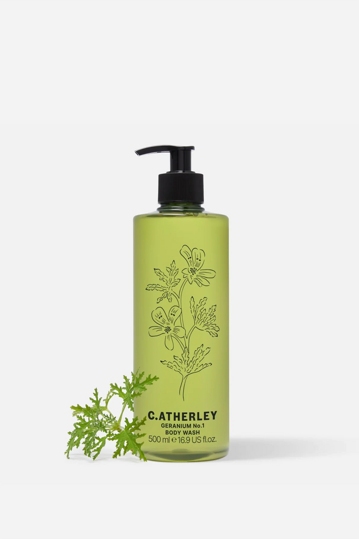 c.atherley geranium body wash in green bottle with pump