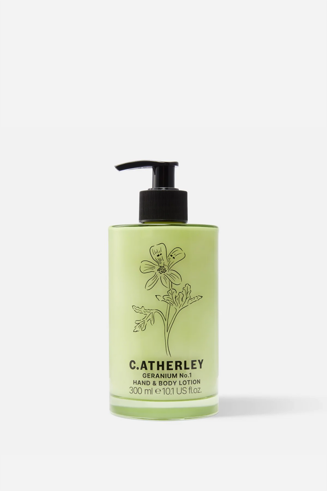 c.atherley geranium body lotion in green glass bottle