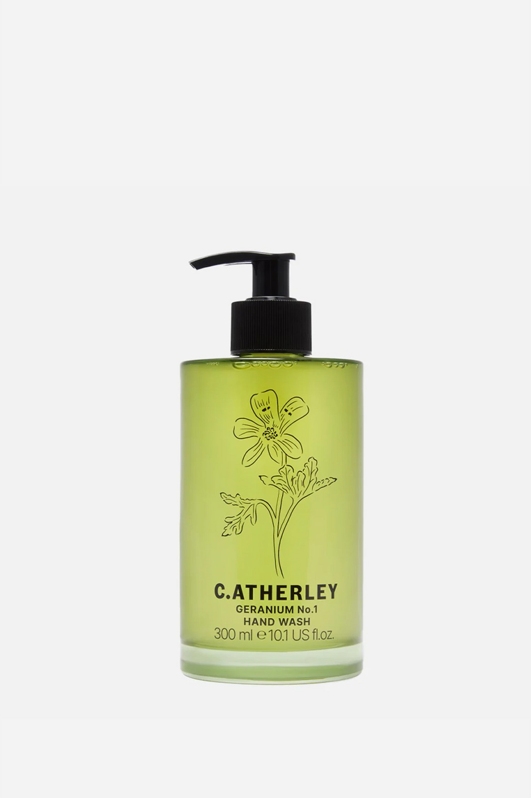 c.atherley geranium hand wash in green glass bottle with pump