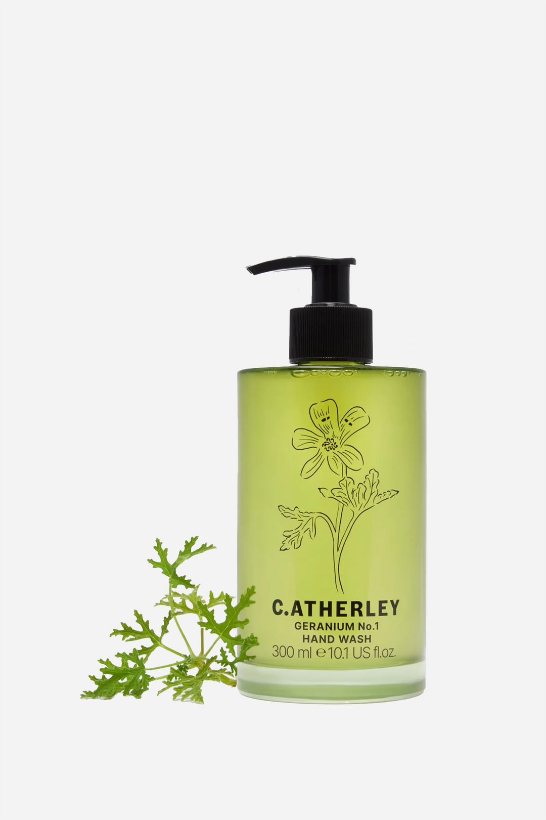 c.atherley geranium hand wash in green glass bottle