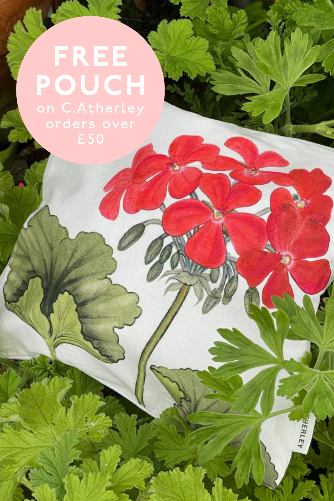 geranium printed pouch with green leaves in the background and a promotional message about a c.atherley free pouch offer.