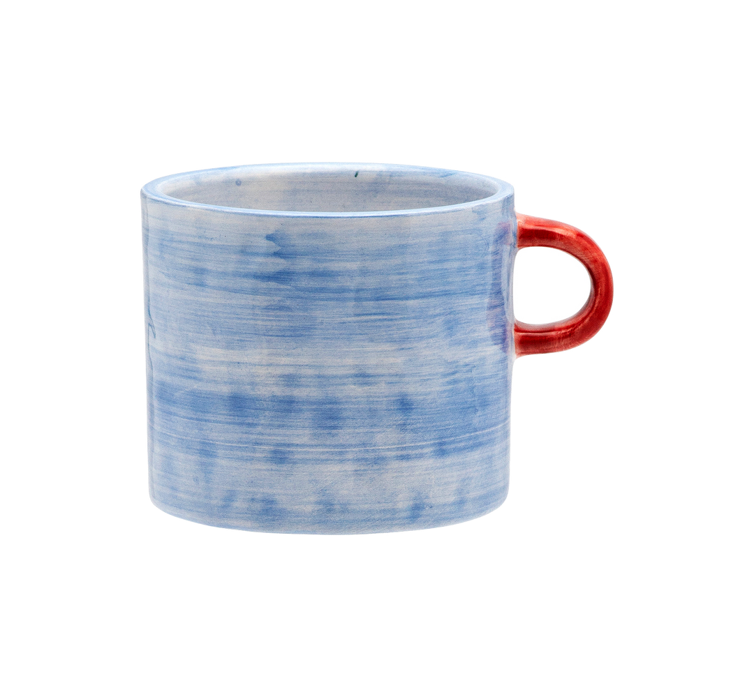 anna + nina cloudy sky mug in blue with red handle