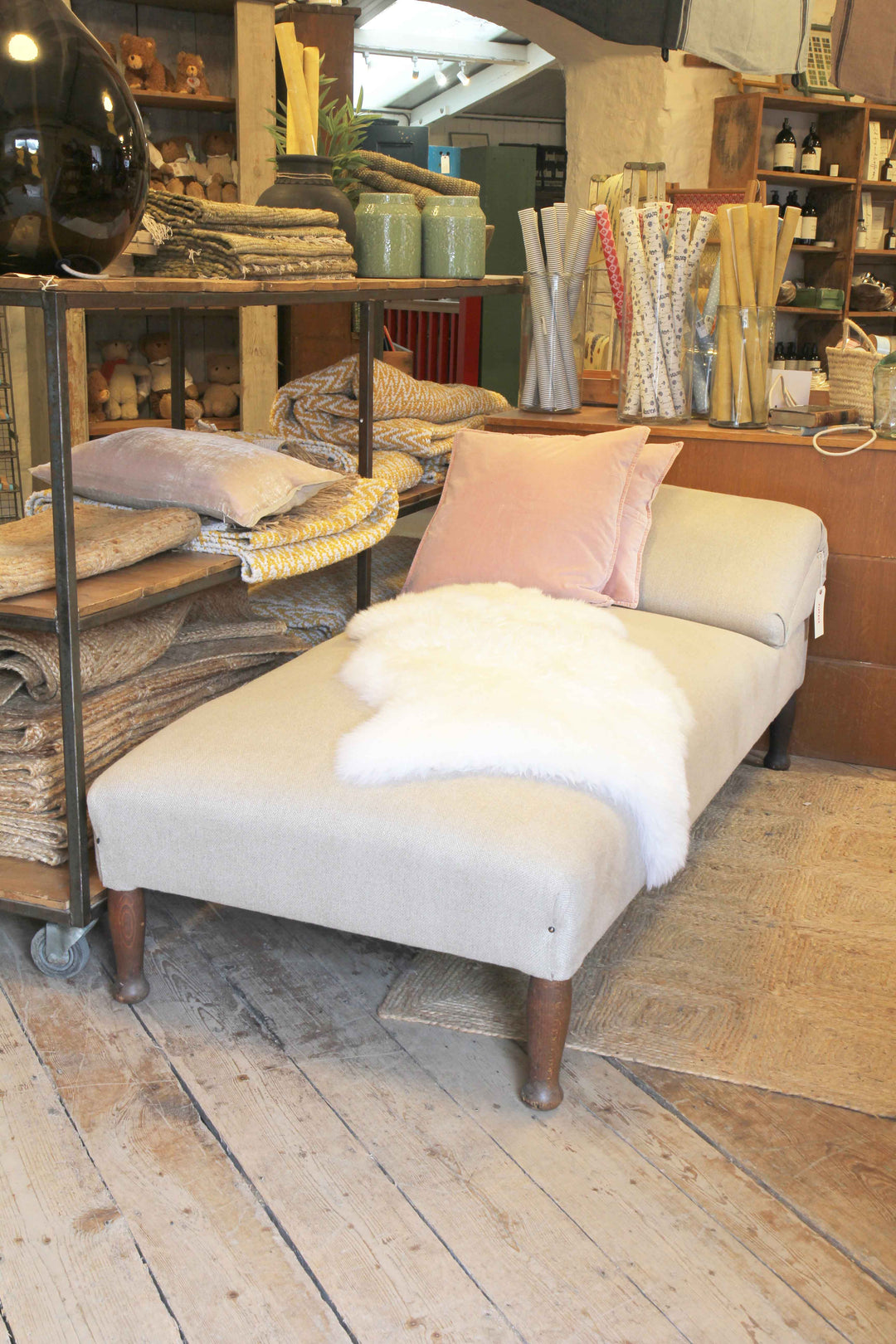 cream upholstered vintage day bed pictured in nailsworth domestic science