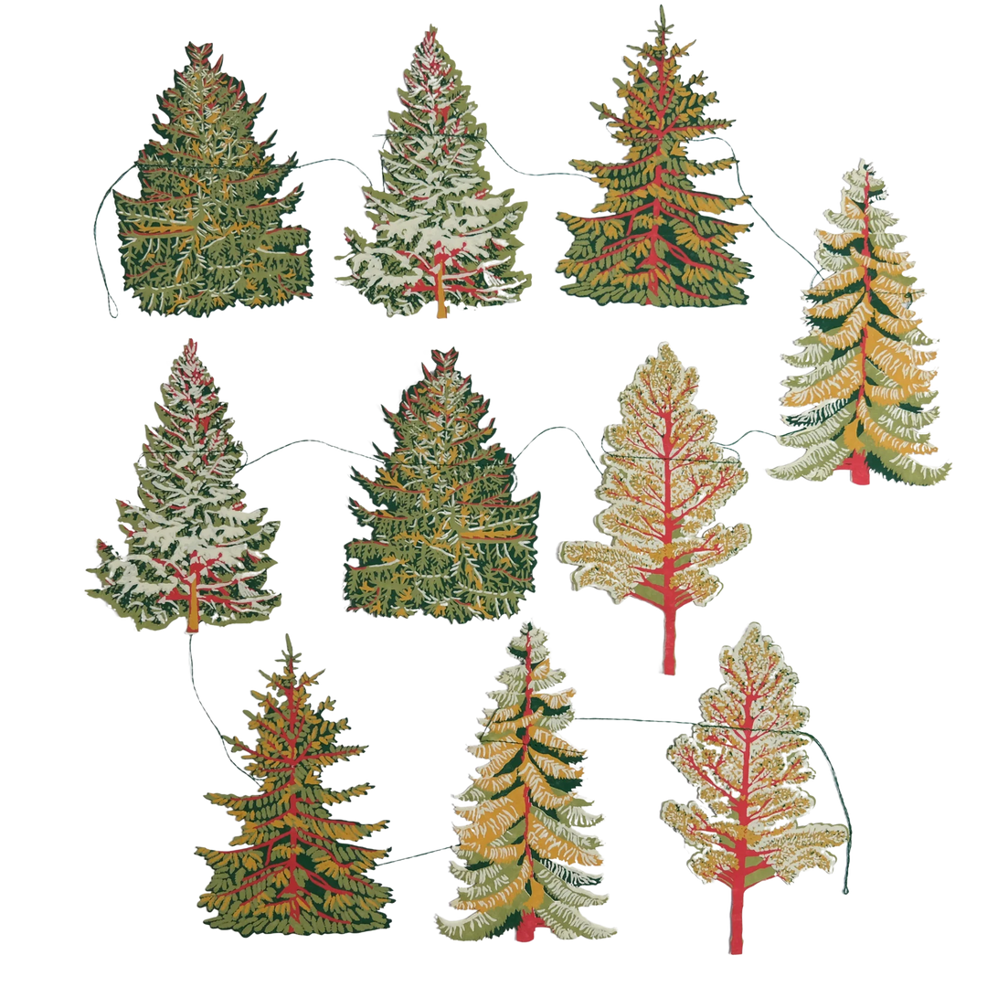 Set of decorative Christmas trees in various colors on a white background