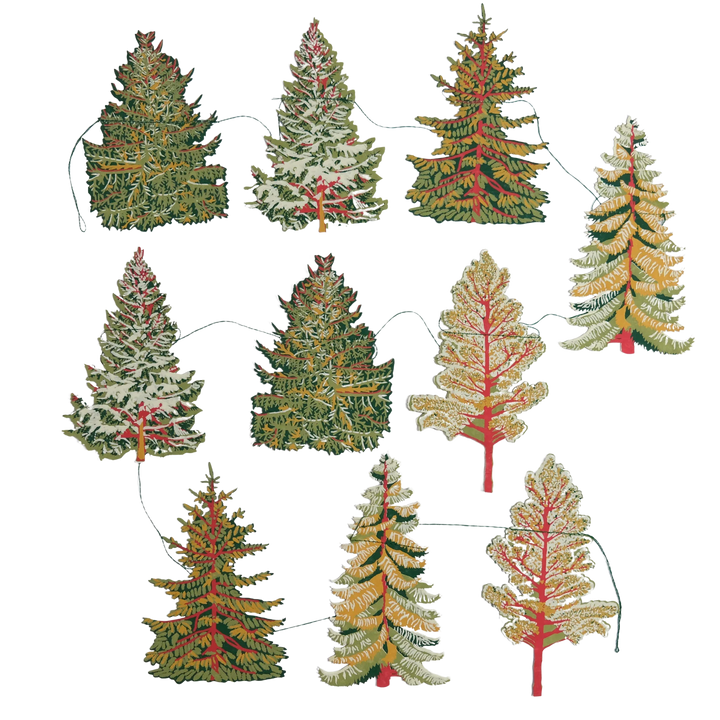 Set of decorative Christmas trees in various colors on a white background