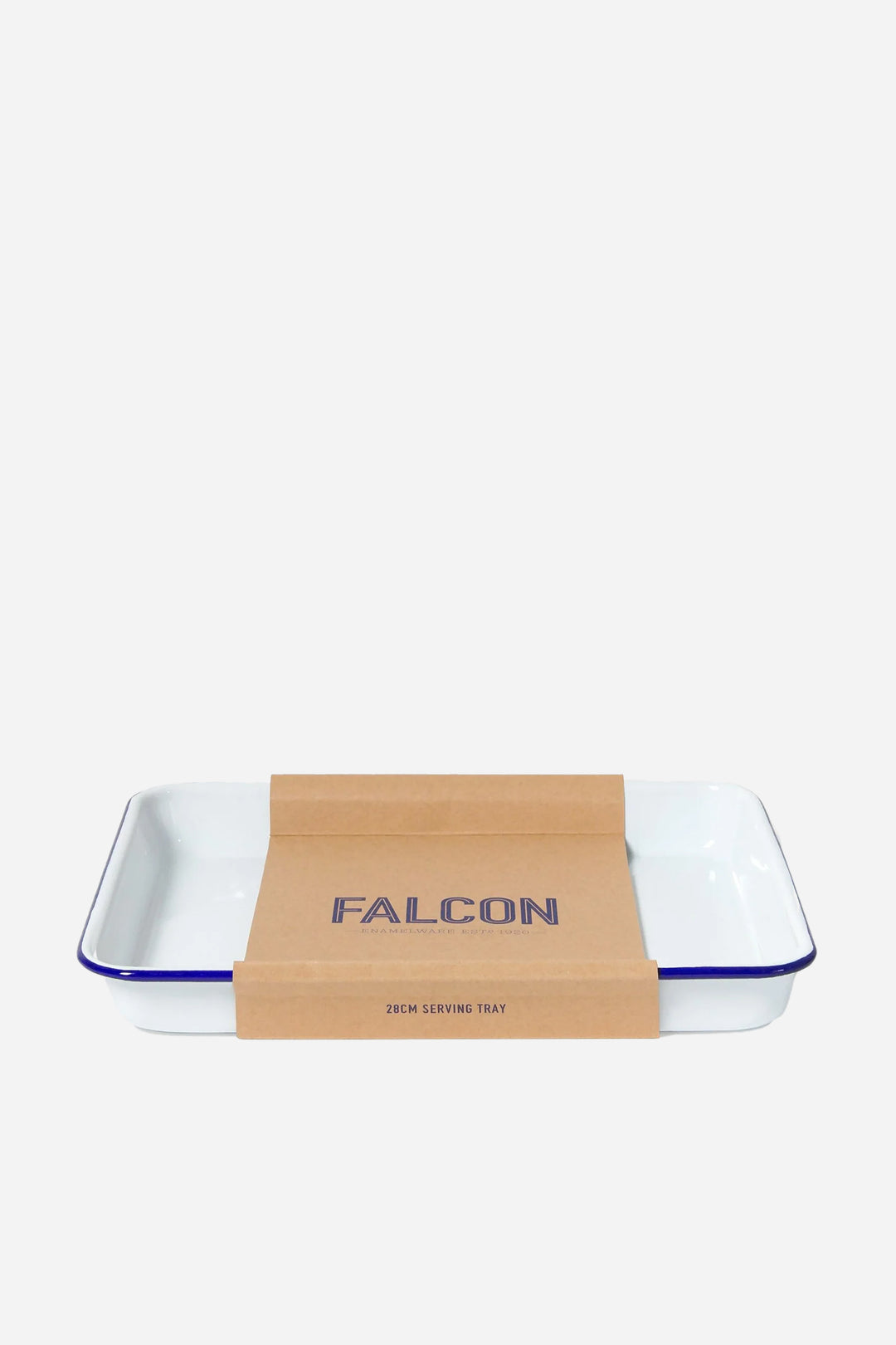 A white enamel serving tray with a classic blue rim, displayed on a plain background, with the Falcon brand name visible on the tray.