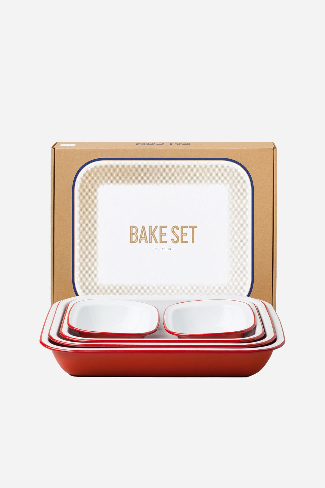A set of red and white enamel bakeware including two bake pans and two pie dishes, presented in an open box with 'BAKE SET' label.