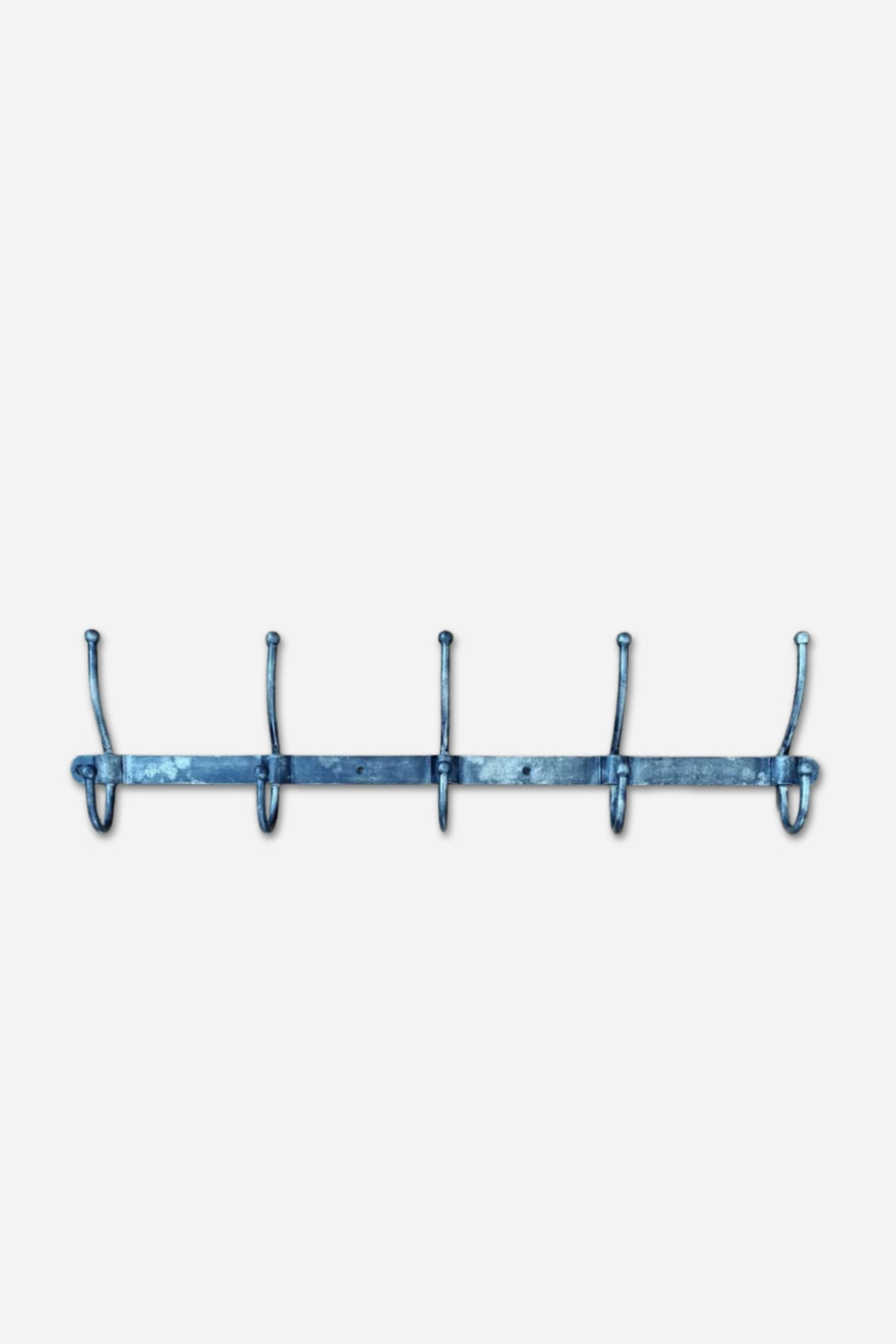 Metal wall-mounted hook rack with five hooks on a white background