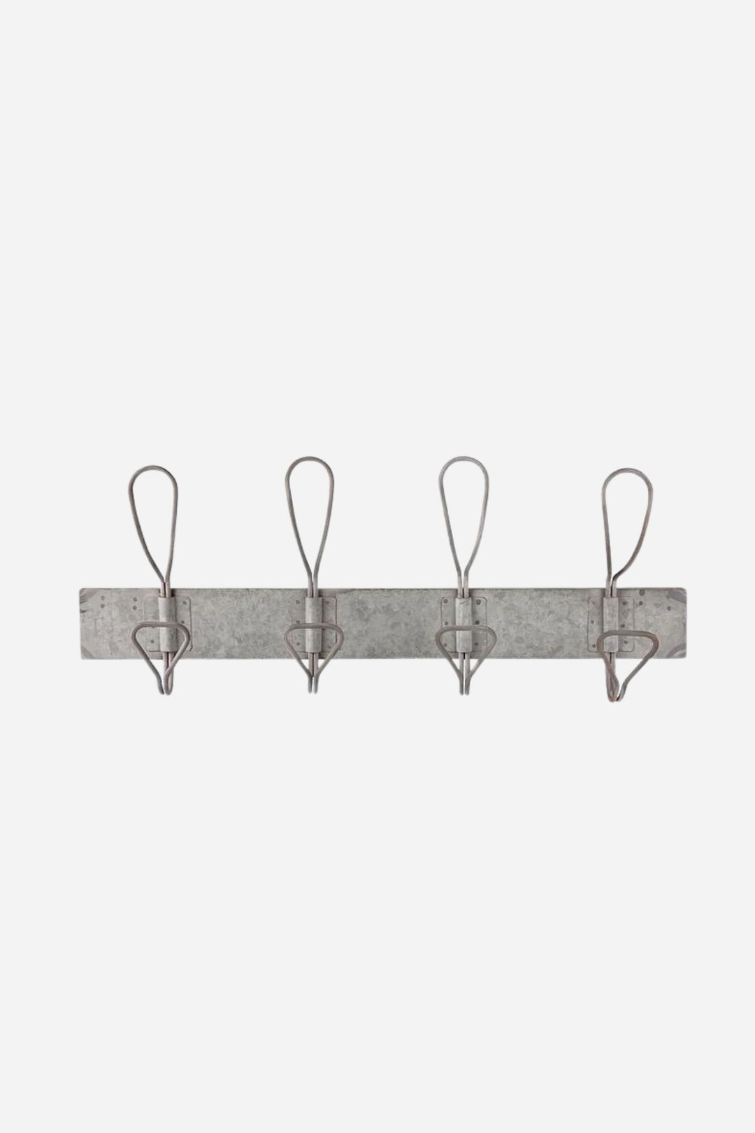 Wall-mounted coat rack with four hooks on a white background