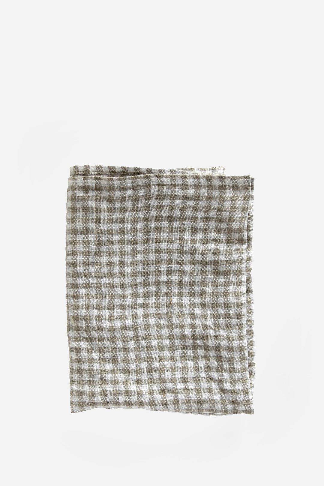 A checkered, beige and white gingham pattern linen t-towel laid out flat.