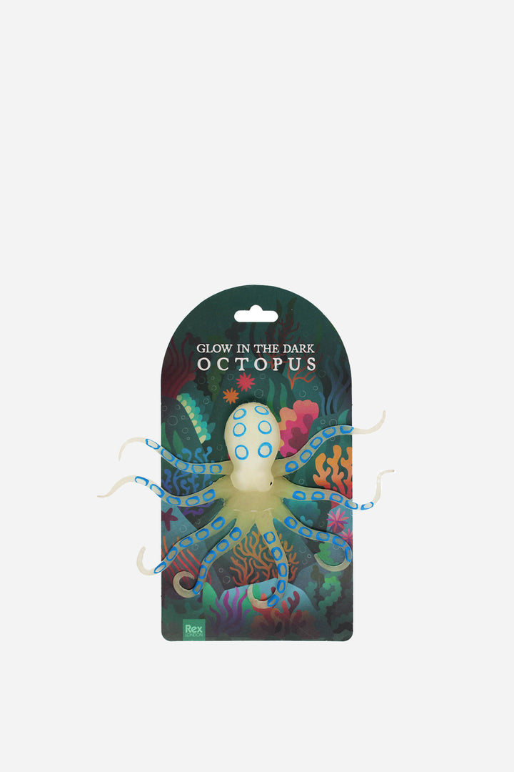 Glow in the dark octopus toy packaging on a white background