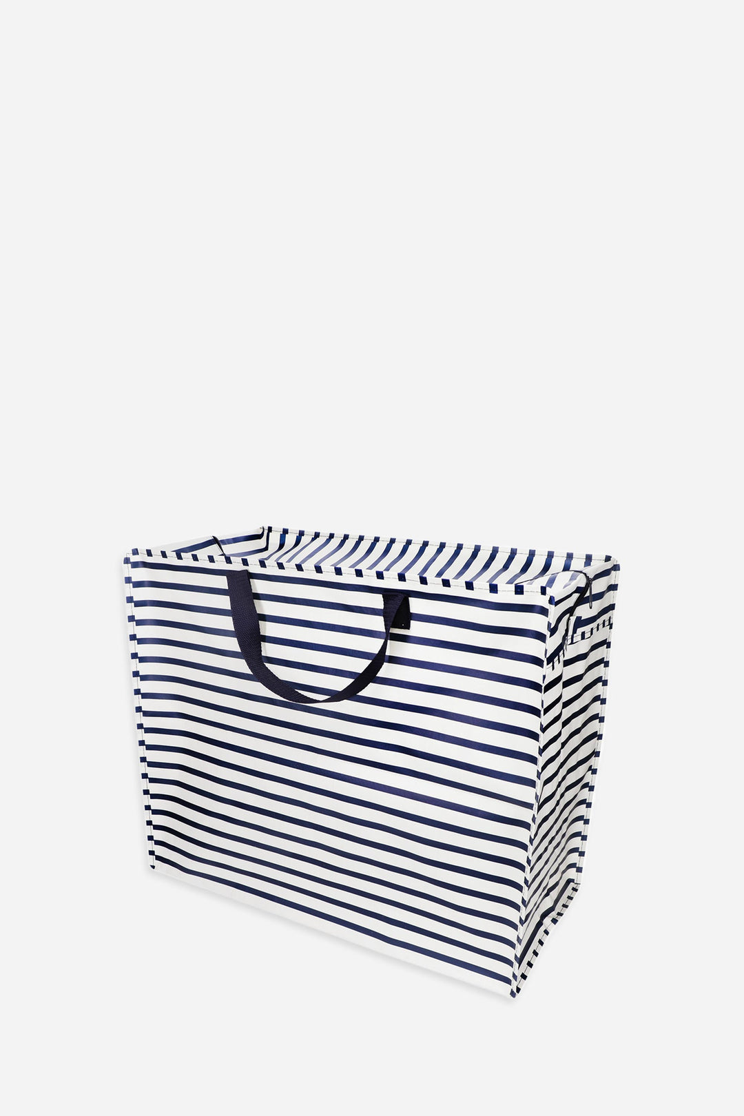 Navy and white striped storage box with handles on a white background