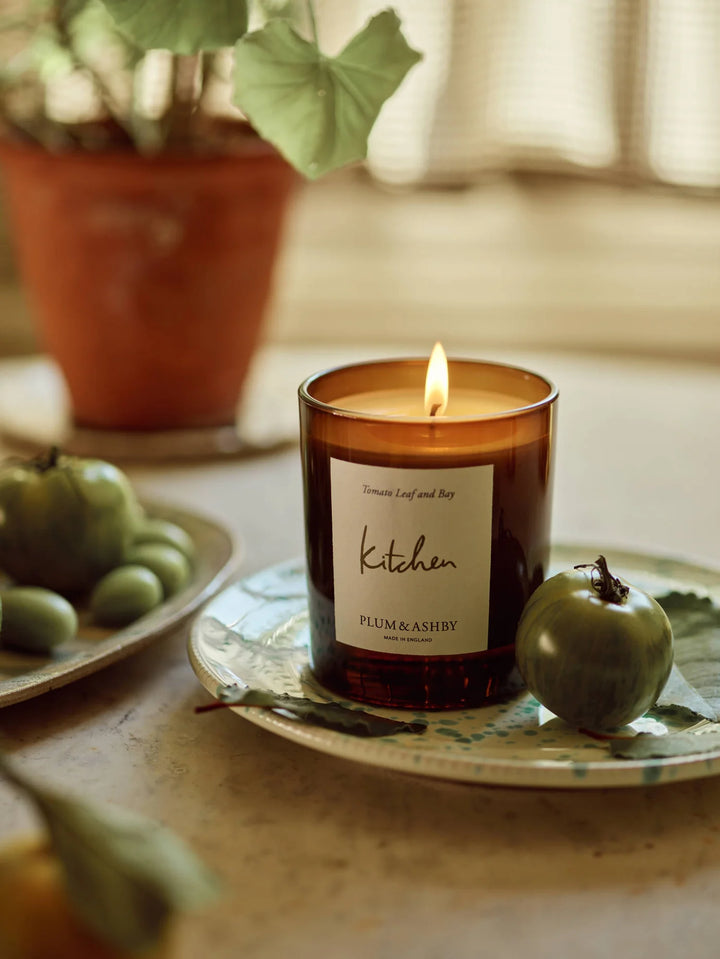 plum and ashby lit tomato leaf and bay candle