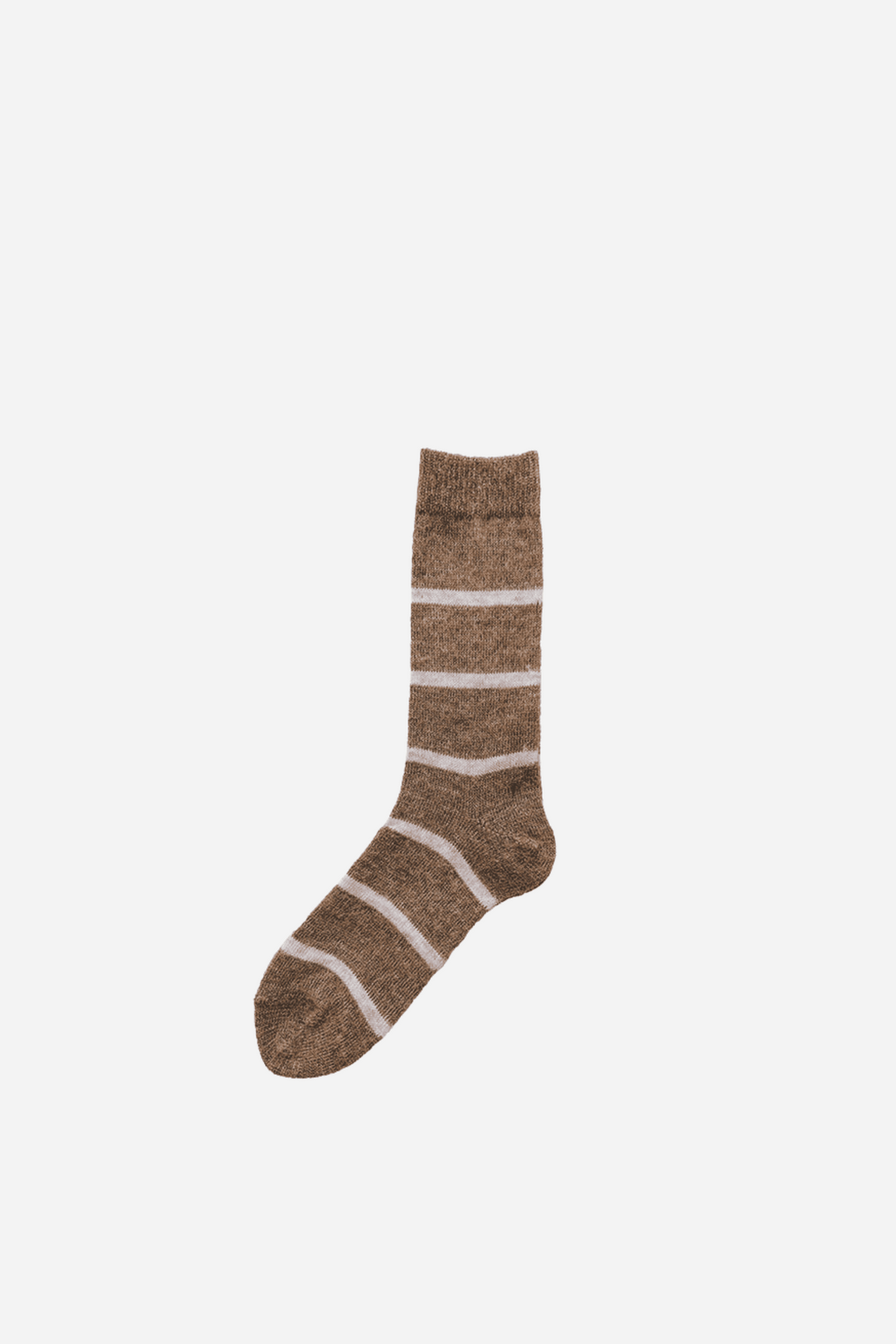 Brown sock with white stripes on a light beige background