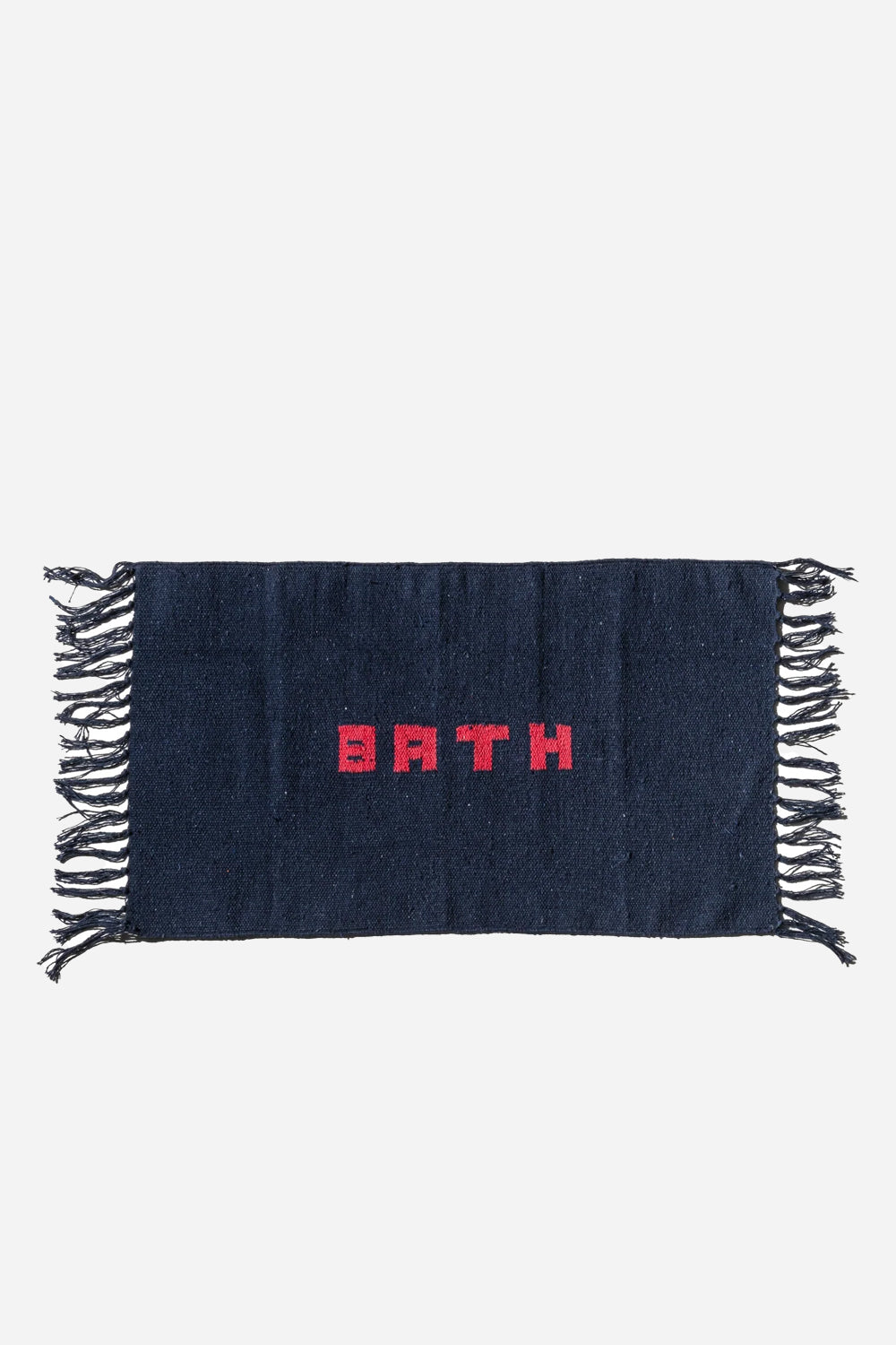 Puebco navy woven bath mat with word bath woven in red