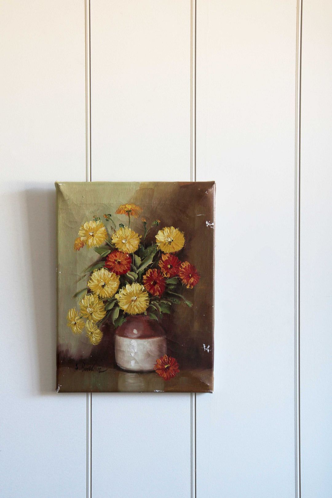 vintage oil painting of flowers in yellow and orange