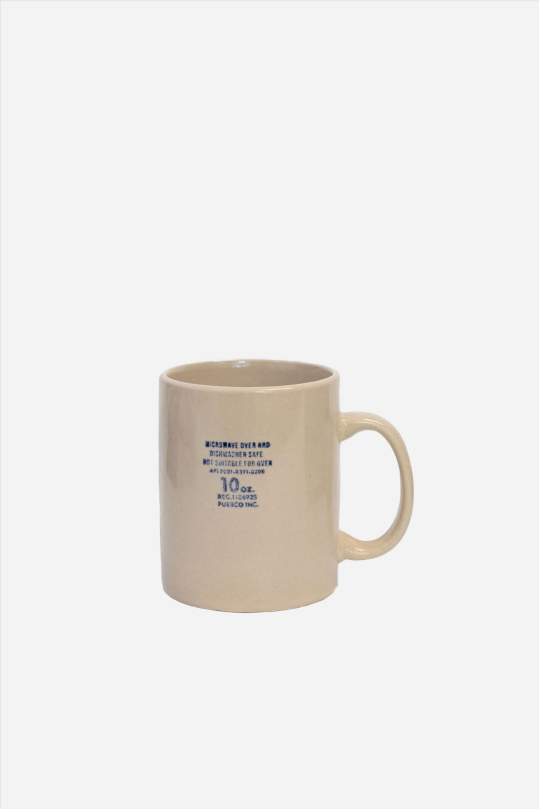puebco ceramic mug stamped with blue 10oz text