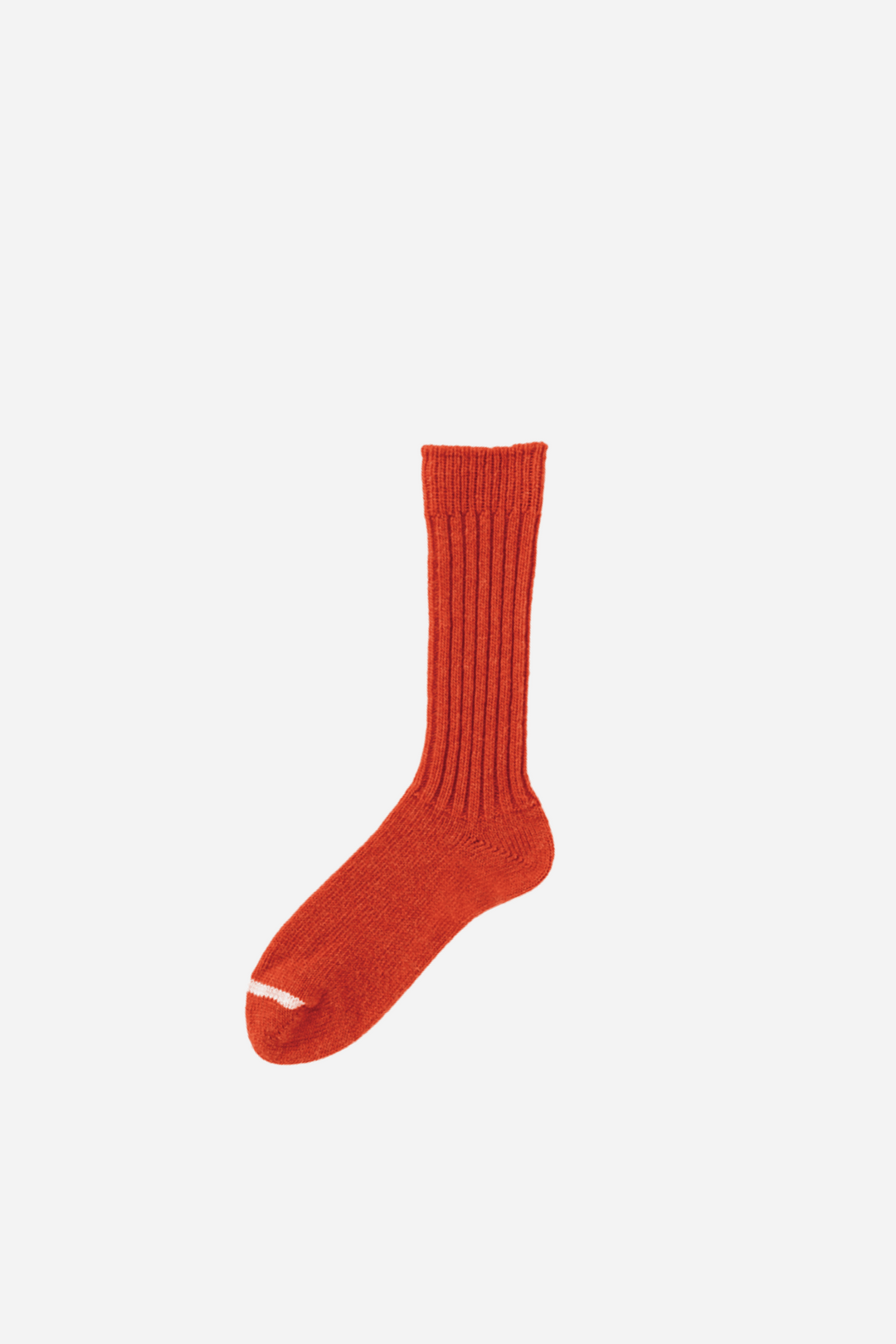 Red sock with a white logo on a light gray background