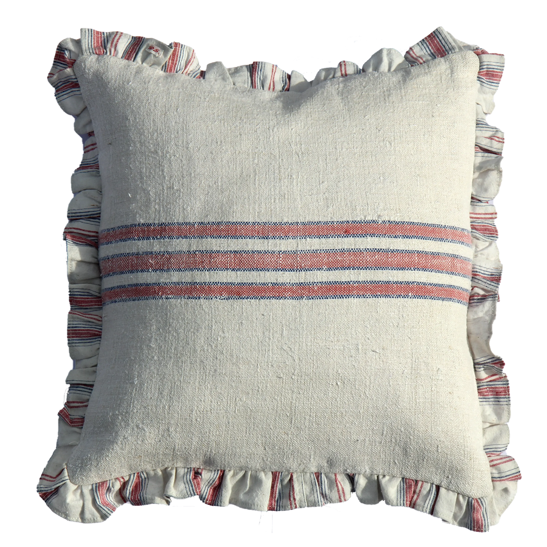 Vintage Linen Ruffle Edge Cushion / Red Stripe