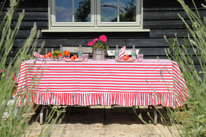 ruffle stripe table cloth in red on garden table