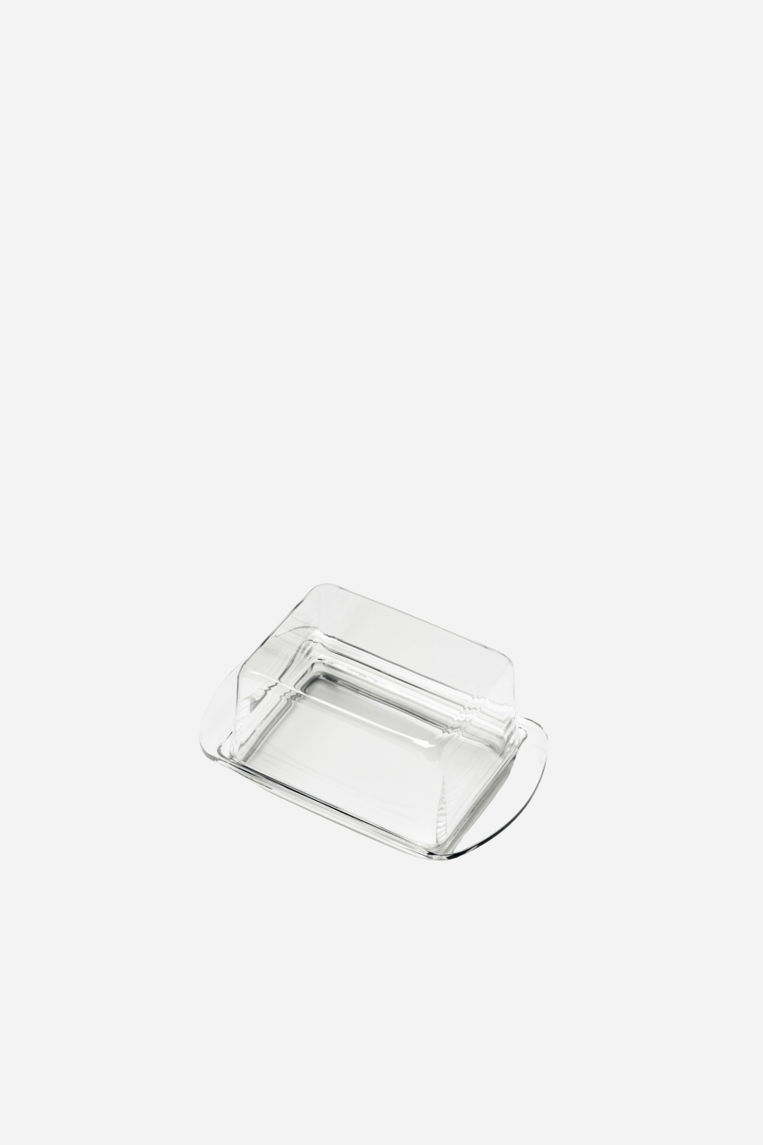 Clear glass rectangular dish on a white background