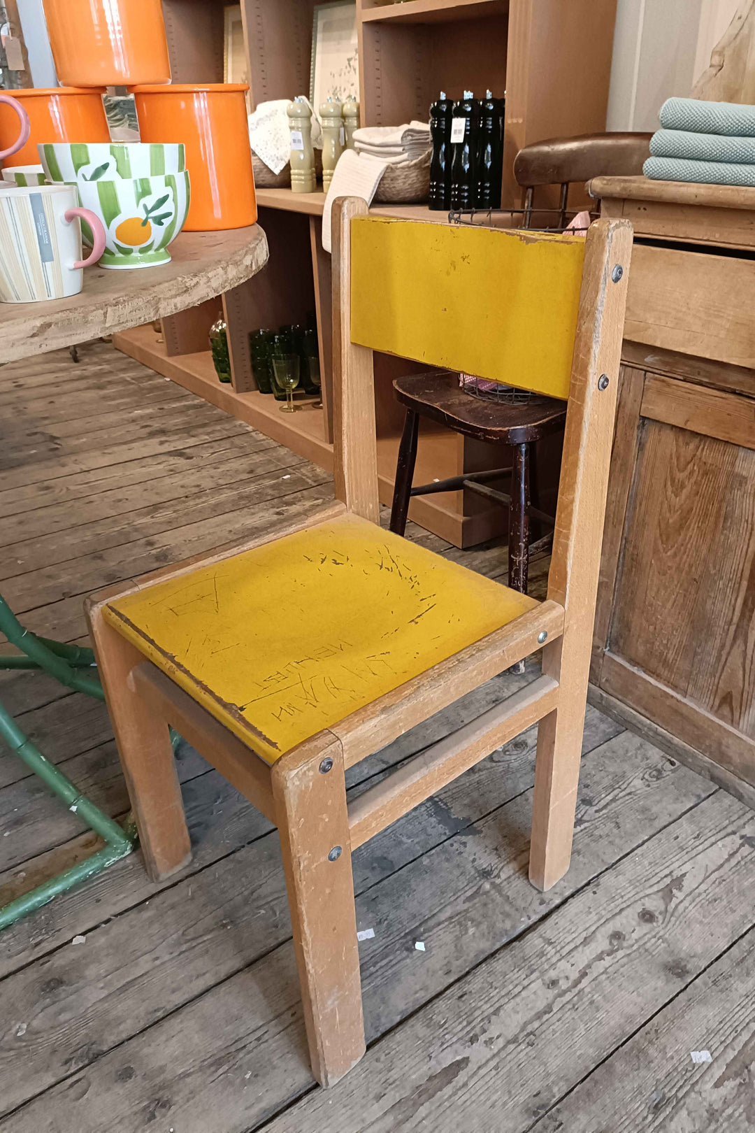 yellow painted vintage children's school chair