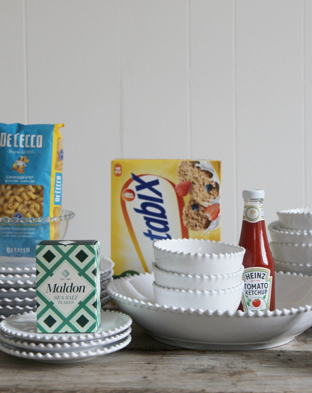 pearl white tableware pictured on breakfast table with wheatabix, heinz tomato ketchup and maldon sea salt