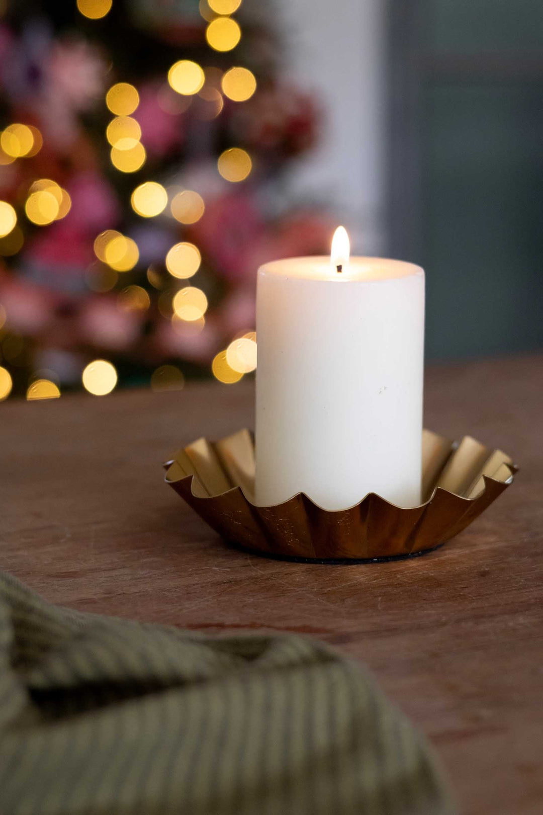 pillar candle in gold fluted candle tray - Domestic Science Home candle gifts