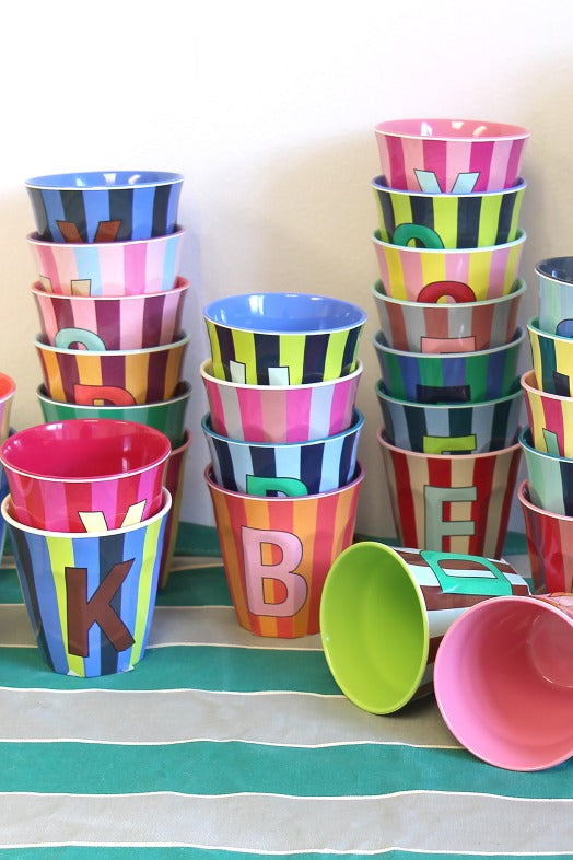 colourful melamine alphabet stripy cups