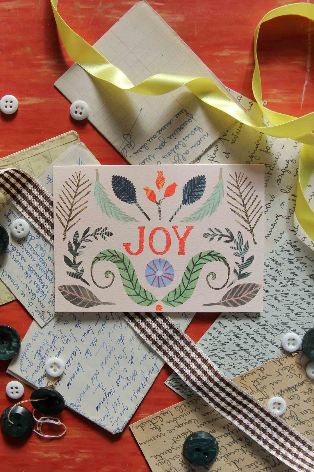 domestic science home christmas cards and wrap collection, joy card with ribbons and buttons