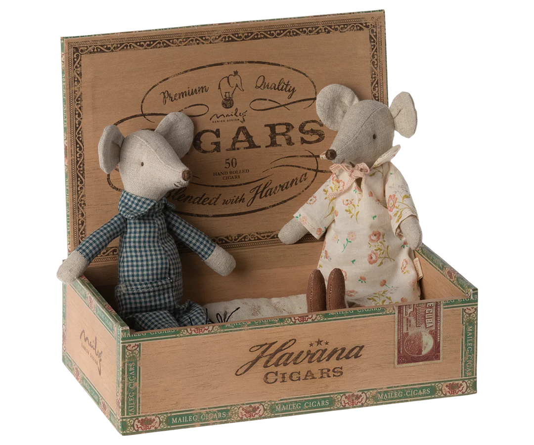 Grandma & Grandpa Mice in Cigar Box