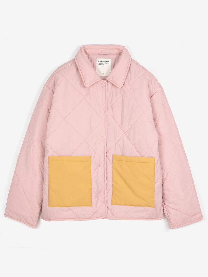 pink padded boxy jacket by bobo choses with colour block yellow patch pockets front