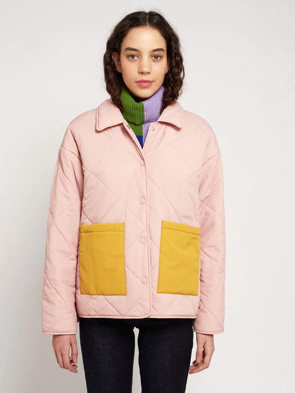 pink padded boxy jacket by bobo choses with colour block yellow patch pockets model