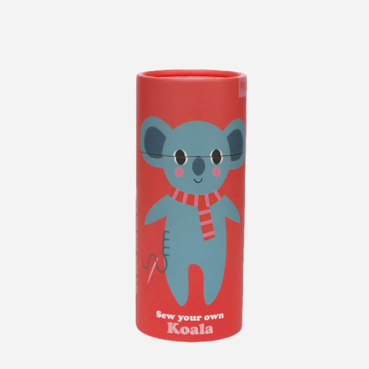 Red cylindrical container with a blue koala design and text on a white background
