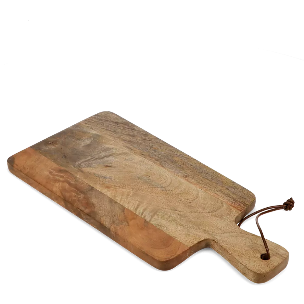 Wooden cutting board with a handle on a white background