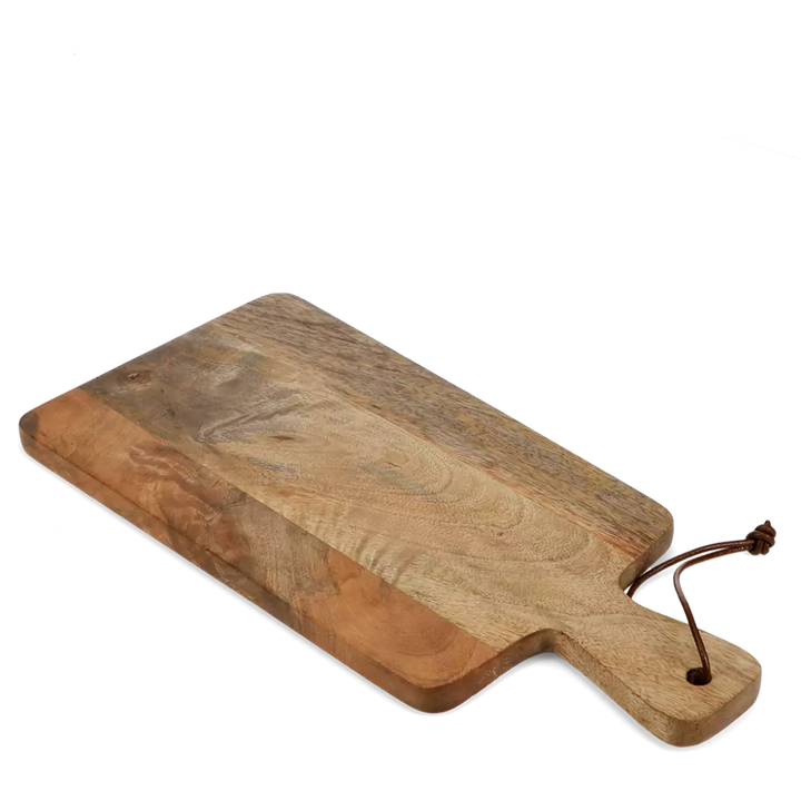 Wooden cutting board with a handle on a white background