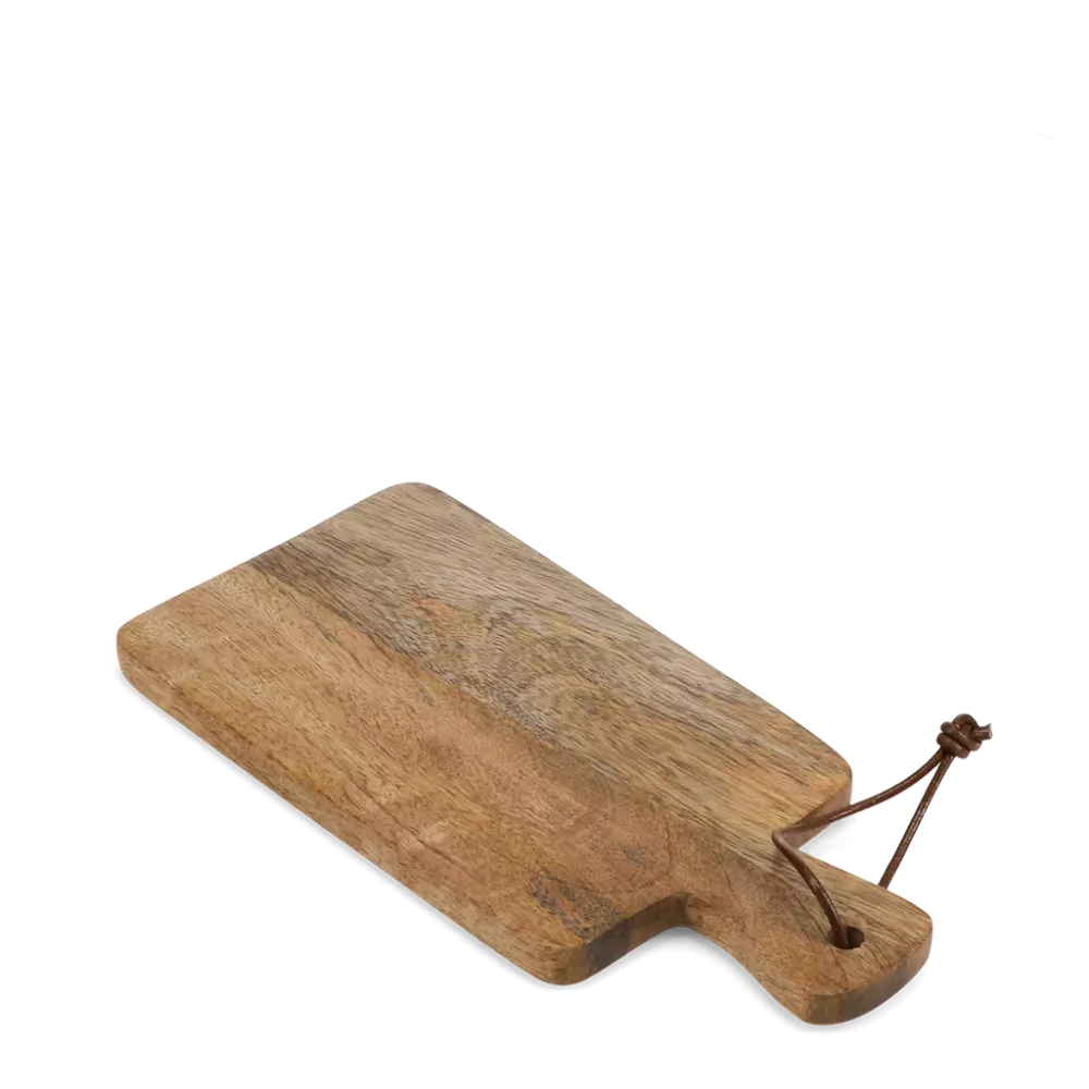 Wooden cutting board with a handle on a white background