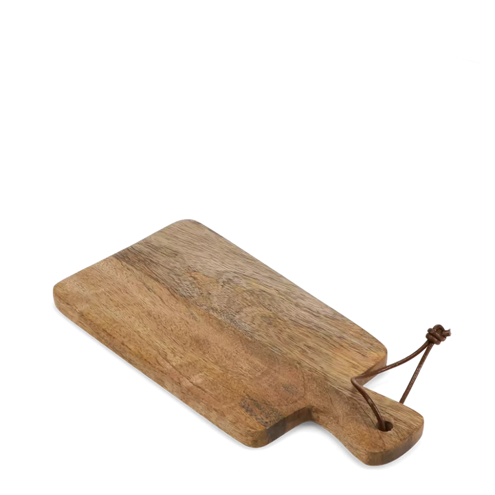 Wooden cutting board with a handle on a white background