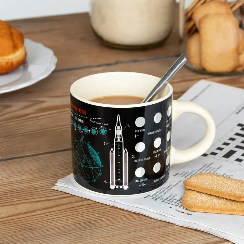 Mug with space-themed design on a wooden table with coffee and cookies.