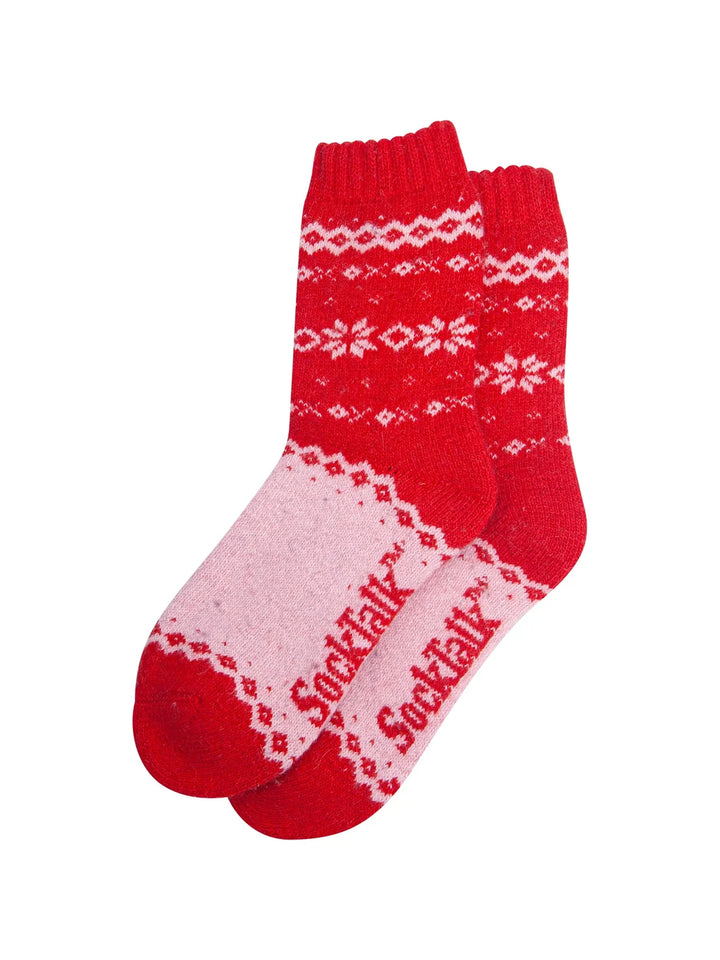 Nordic Fair Isle Patterned Wool Socks / Red Pink