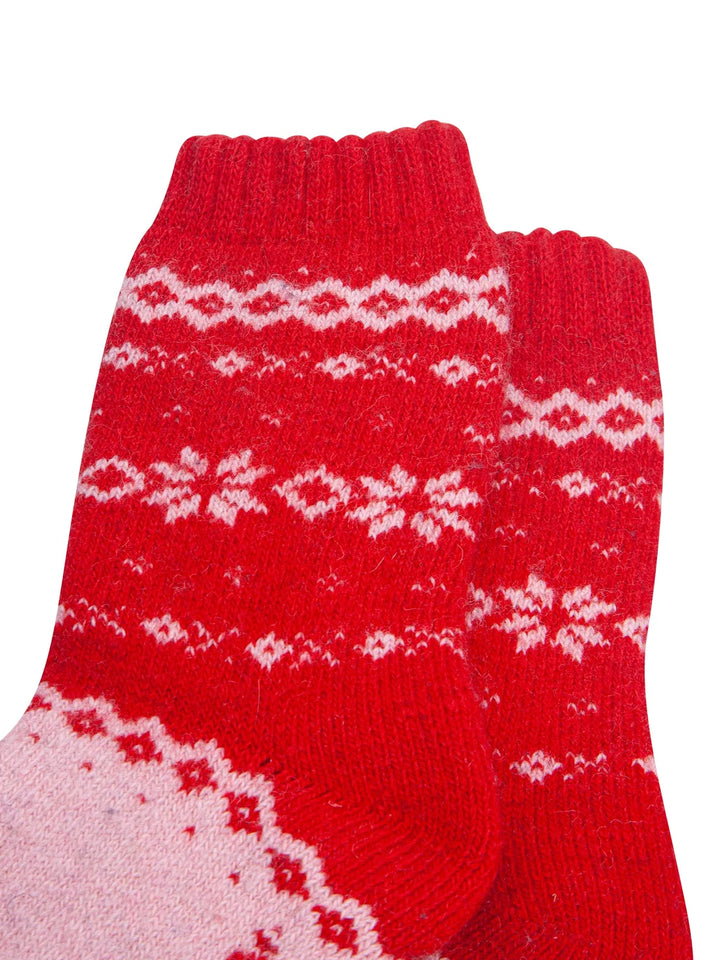 Nordic Fair Isle Patterned Wool Socks / Red Pink
