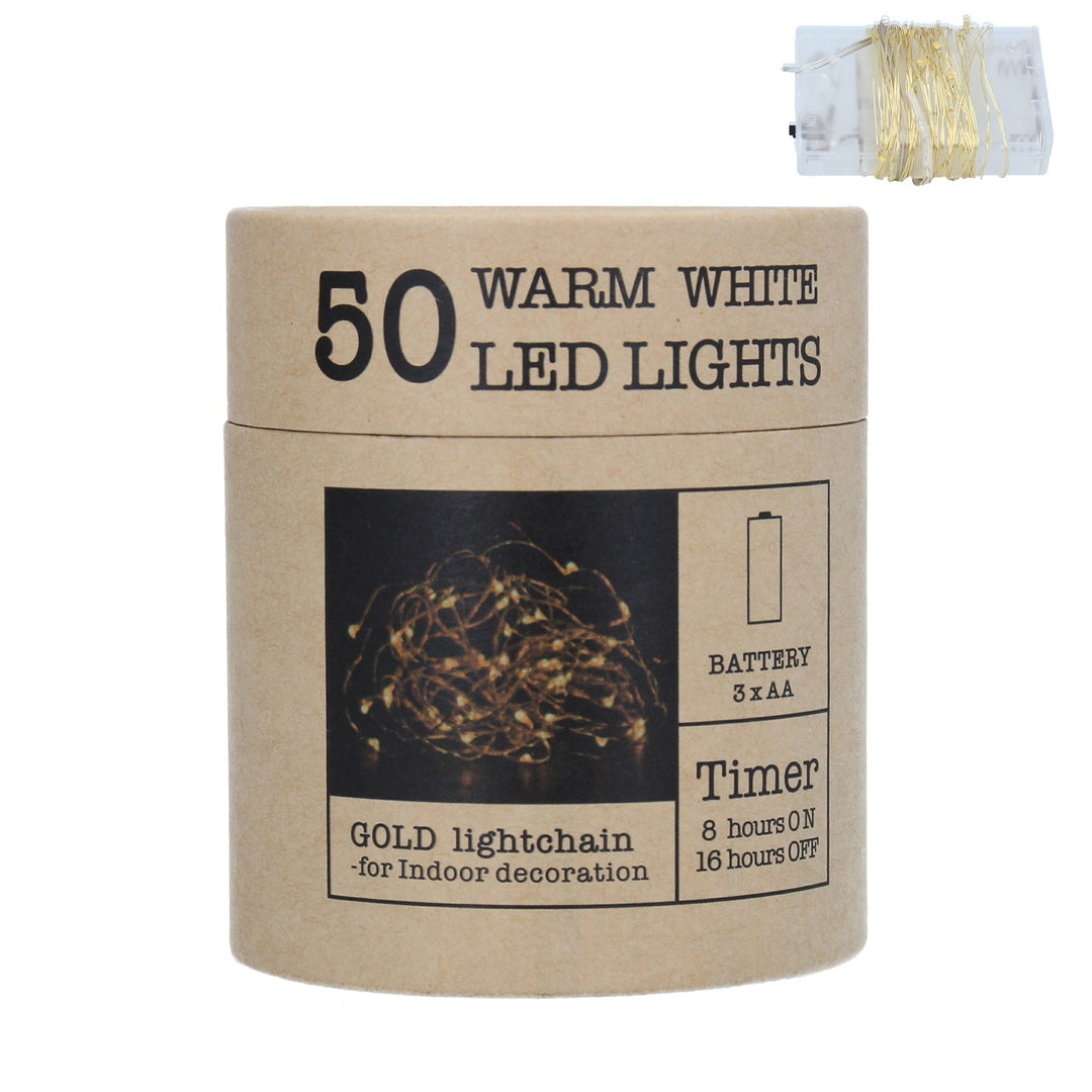 50 Warm White LED Lights on Gold Wire 5m