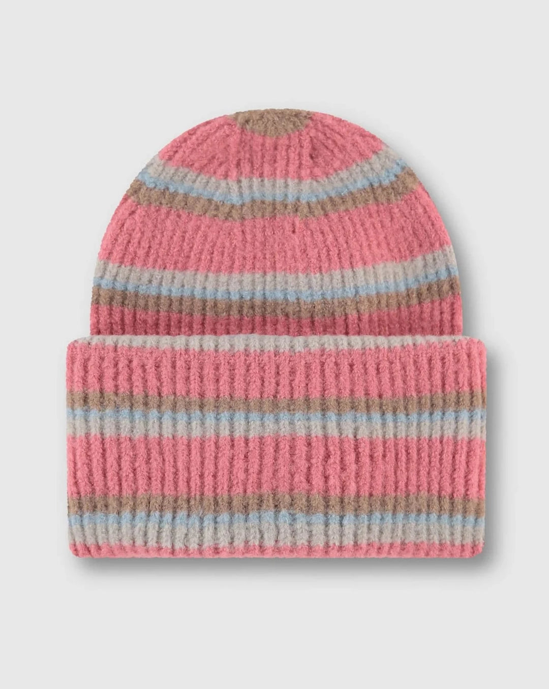 rino and pelle alura striped pastel beanie flamingo pink, blue and caramel